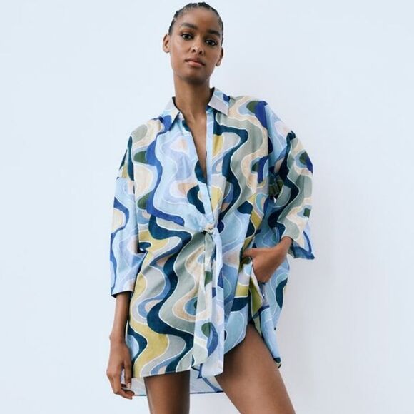 ZARA PRINTED LONGLINE BLOUSE - Picture 1 of 10